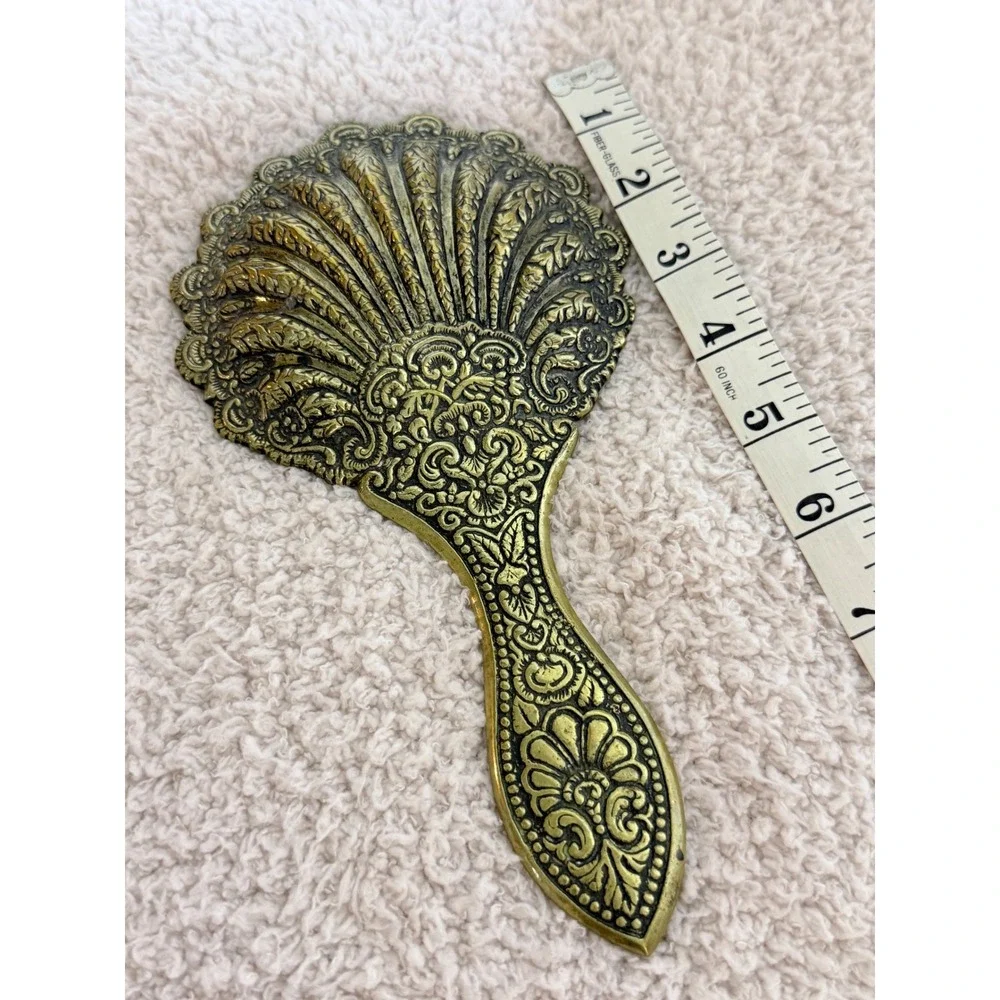 Vintage Ornate Brass Hand Mirror Victorian Style Floral Scrollwork Fan Design